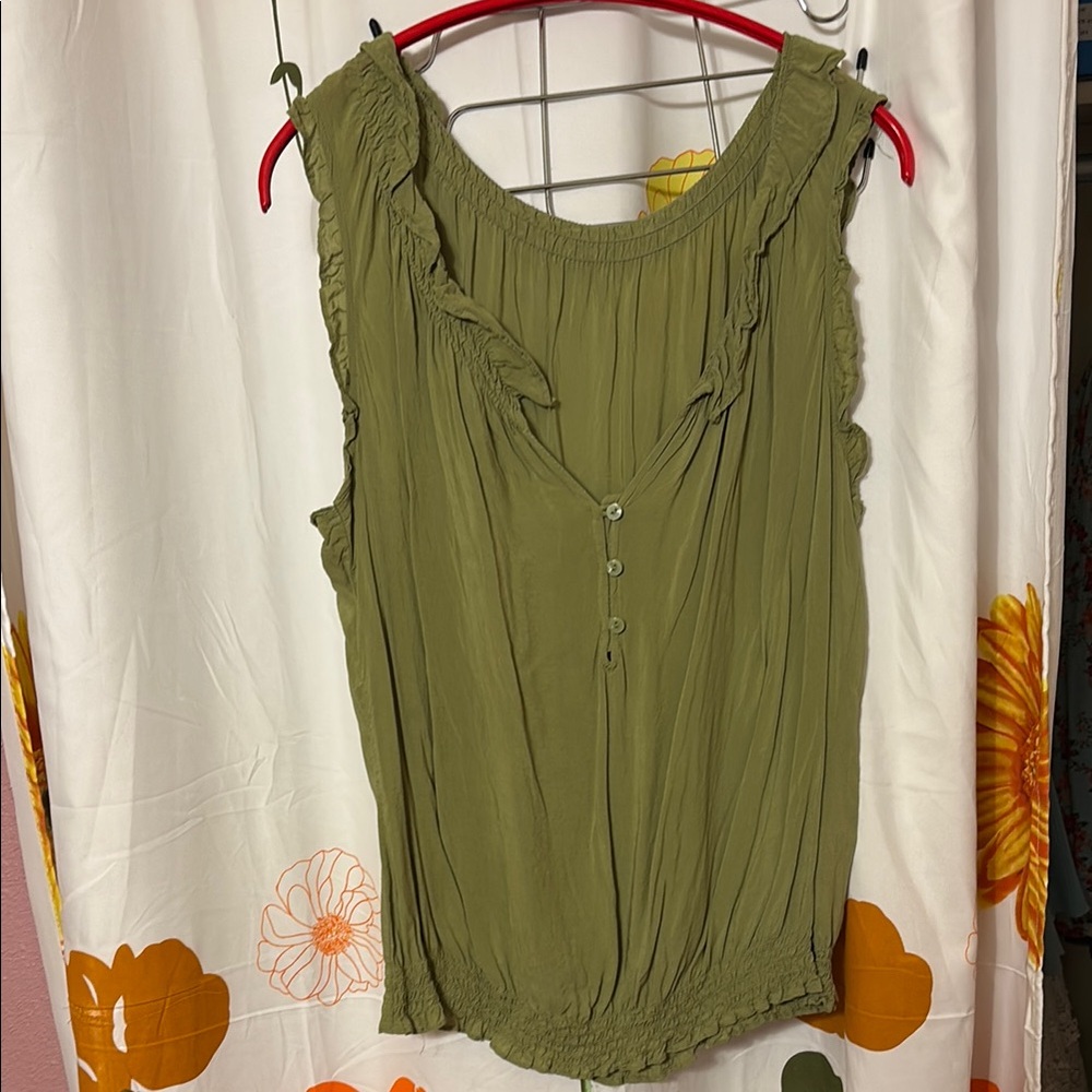 Olive Green Silk Sleeveless Ruffle Top